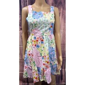 Women Tie Back Floral Midi Dress Square Neck Sleeveless Size L Y2K Preppy